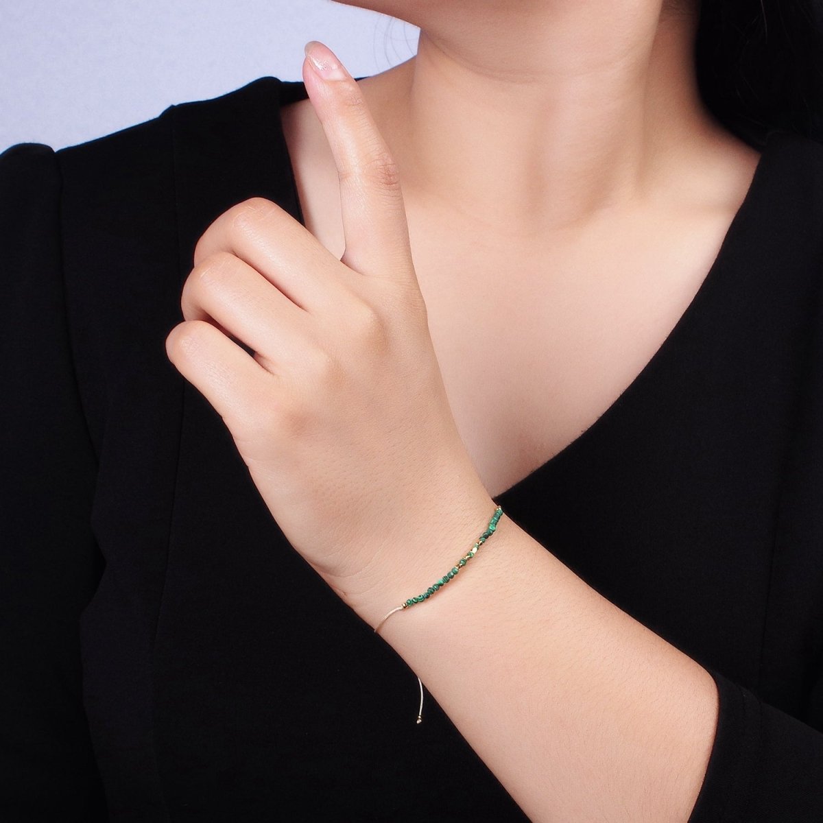 14K Gold Filled Malachite Multifaceted Taupe Beige Cotton String Slider Bracelet | WA-2190 - WA-2192 Clearance Pricing - DLUXCA