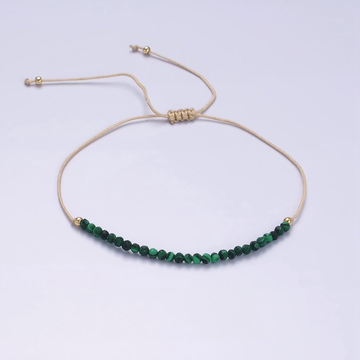 14K Gold Filled Malachite Multifaceted Taupe Beige Cotton String Slider Bracelet | WA-2190 - WA-2192 Clearance Pricing - DLUXCA