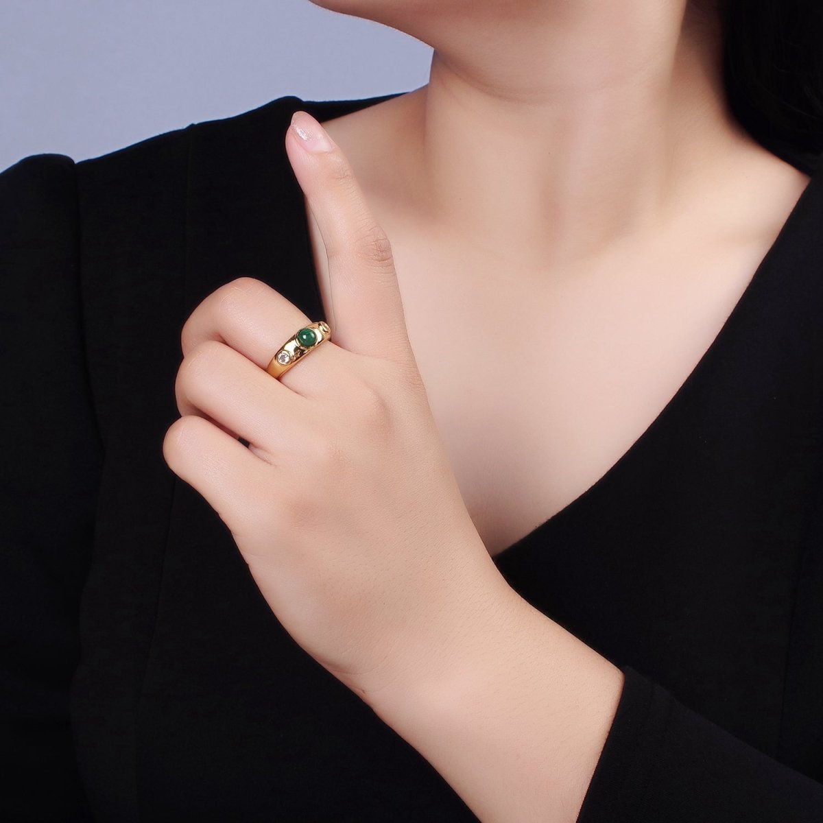 14K Gold Filled Malachite Natural Gemstone Triple Round CZ Ring | O-590 - DLUXCA