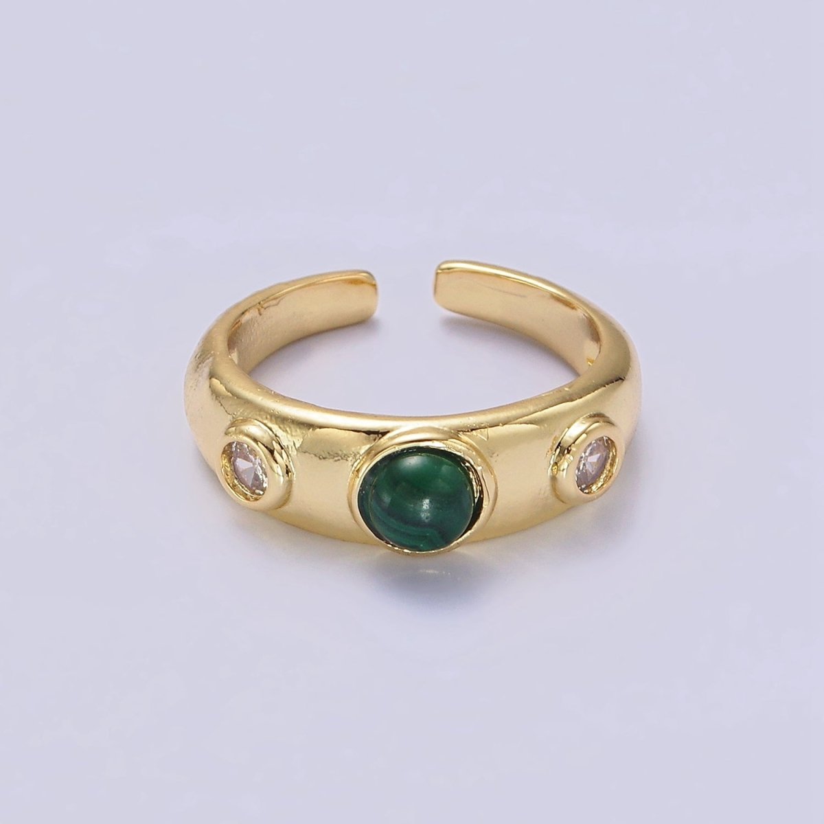 14K Gold Filled Malachite Natural Gemstone Triple Round CZ Ring | O-590 - DLUXCA