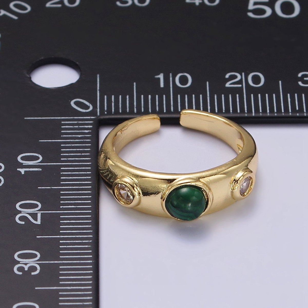 14K Gold Filled Malachite Natural Gemstone Triple Round CZ Ring | O-590 - DLUXCA