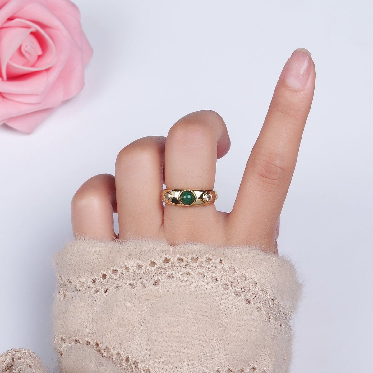 14K Gold Filled Malachite Natural Gemstone Triple Round CZ Ring | O-590 - DLUXCA