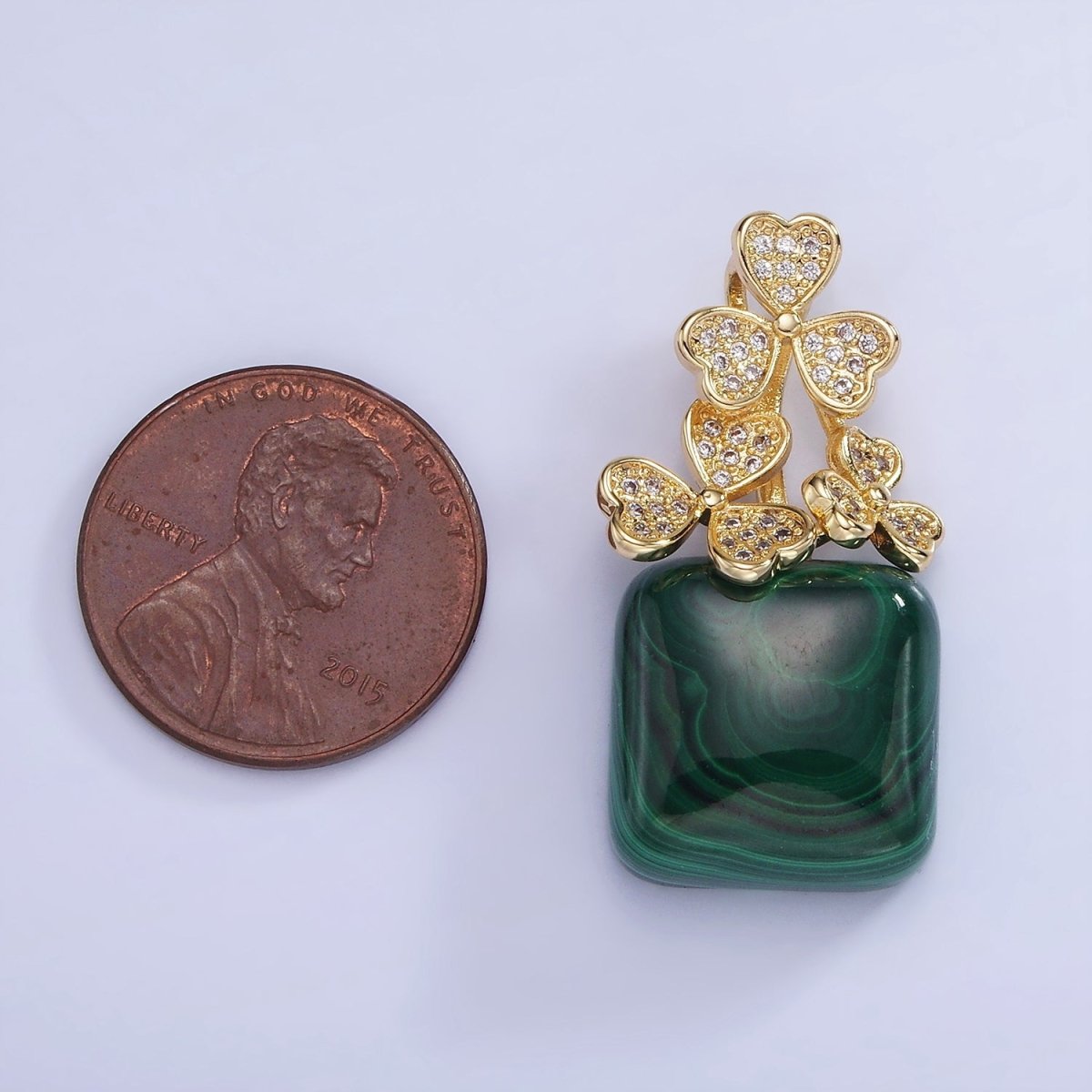 14K Gold Filled Malachite Square Micro Paved CZ Clover Bail Pendant | AA1198 - DLUXCA