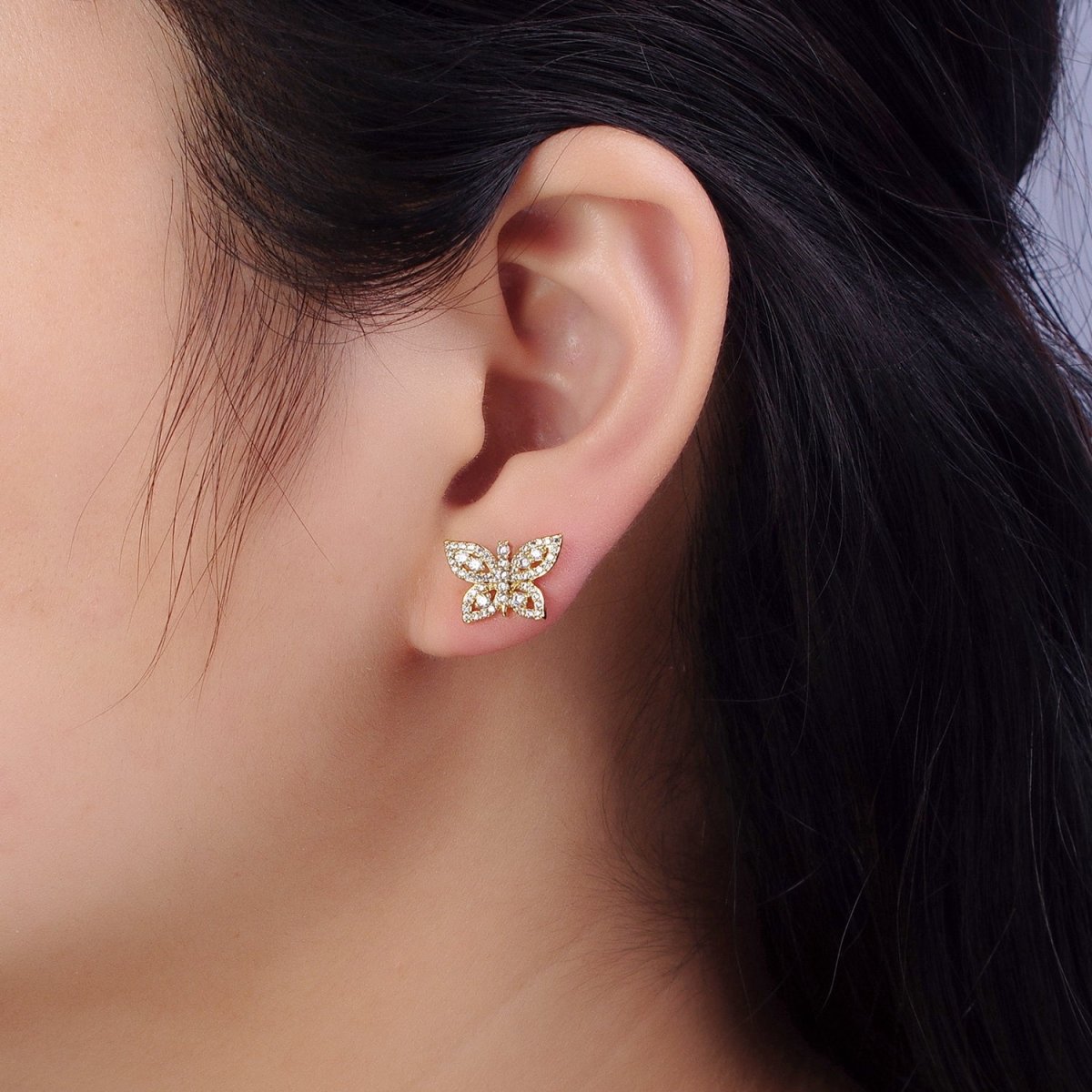 14K Gold Filled Mariposa Butterfly Clear Micro Paved Stud Earrings | AB313 - DLUXCA