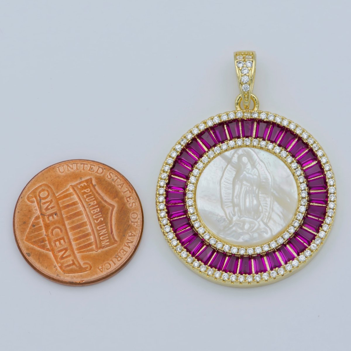 14K Gold Filled Mary Lady Guadalupe Fuchsia, Green, Multicolor Baguette Round Pendant | I105 - I108 - DLUXCA