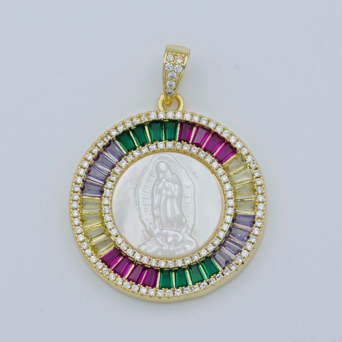 14K Gold Filled Mary Lady Guadalupe Fuchsia, Green, Multicolor Baguette Round Pendant | I105 - I108 - DLUXCA