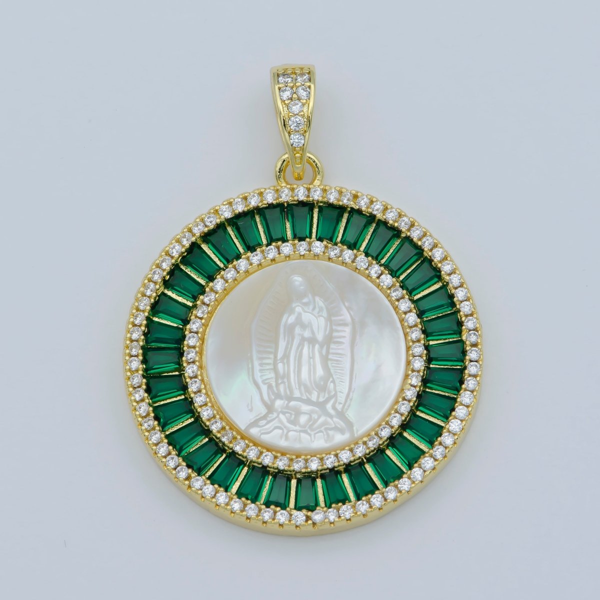 14K Gold Filled Mary Lady Guadalupe Fuchsia, Green, Multicolor Baguette Round Pendant | I105 - I108 - DLUXCA