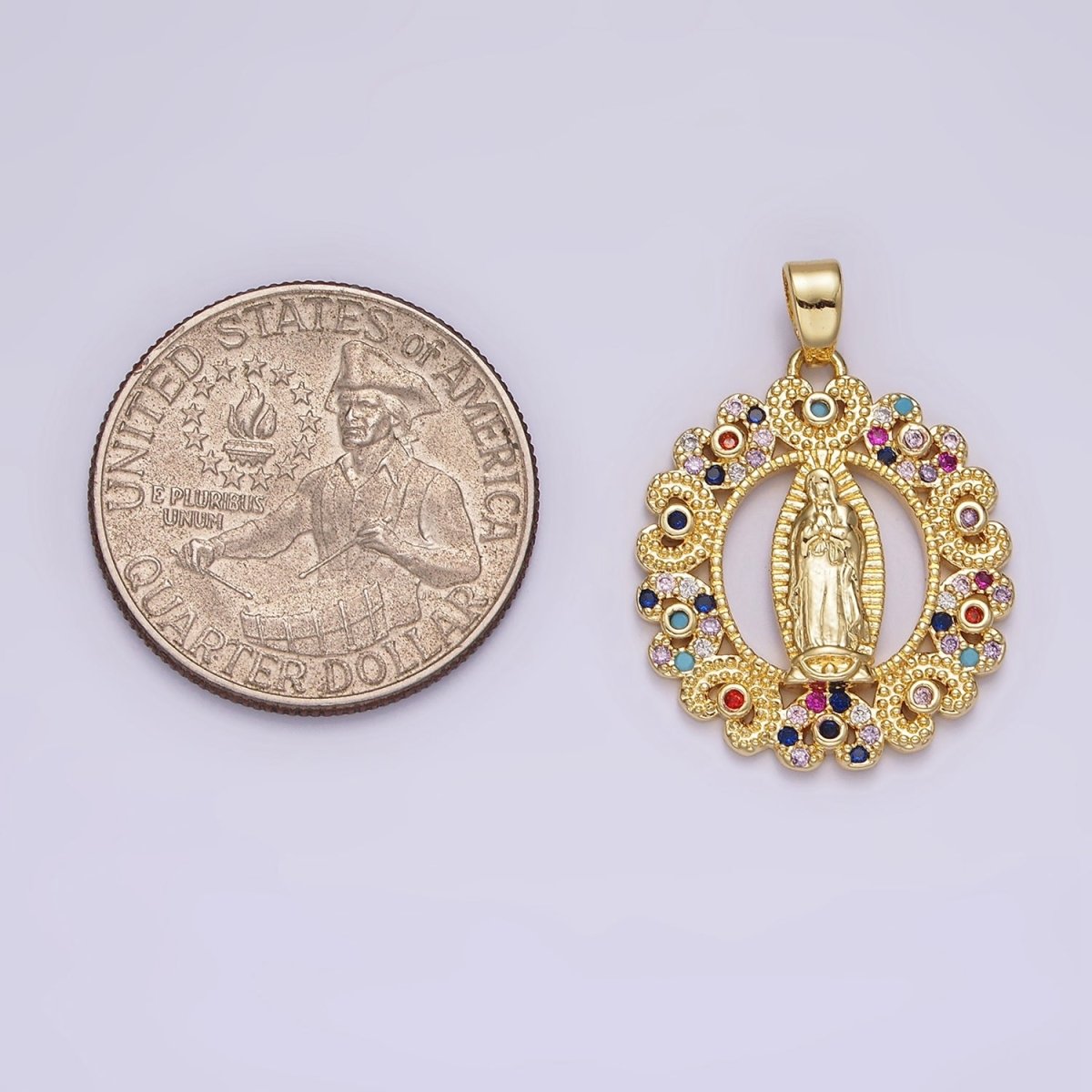 14K Gold Filled Mary Lady Guadalupe Multicolor CZ Dotted Heart Outline Open Oval Pendant | N1317 - DLUXCA