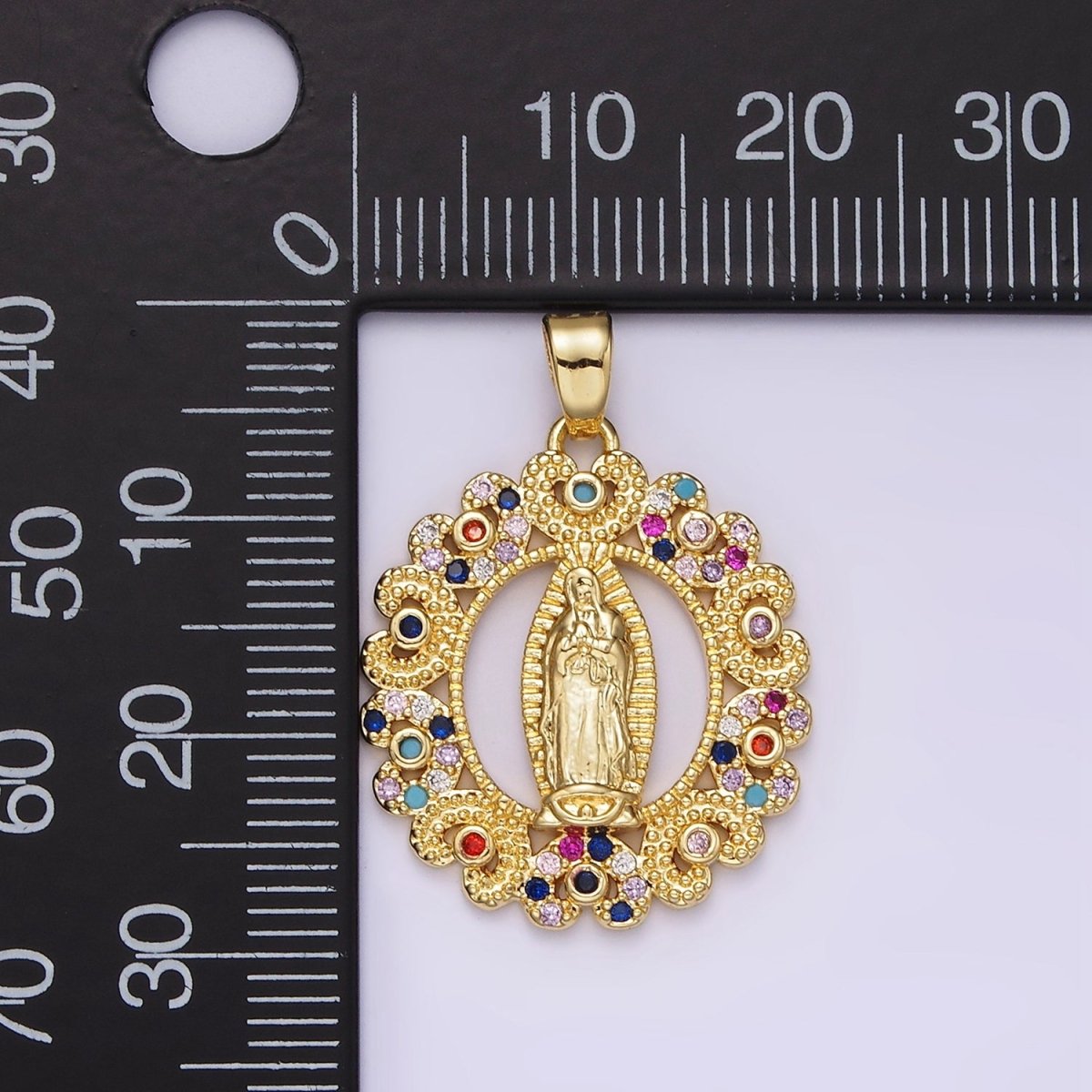 14K Gold Filled Mary Lady Guadalupe Multicolor CZ Dotted Heart Outline Open Oval Pendant | N1317 - DLUXCA