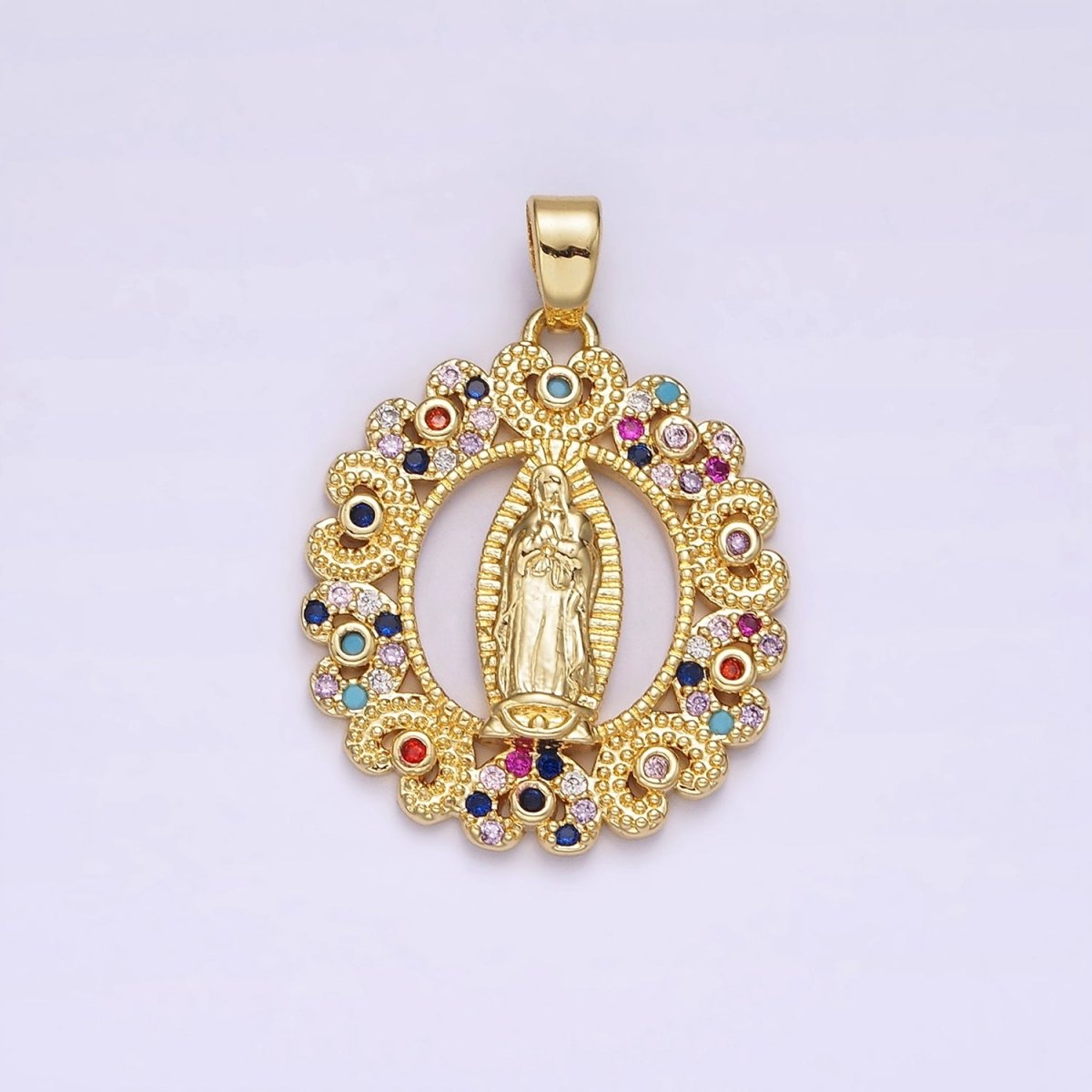 14K Gold Filled Mary Lady Guadalupe Multicolor CZ Dotted Heart Outline Open Oval Pendant | N1317 - DLUXCA
