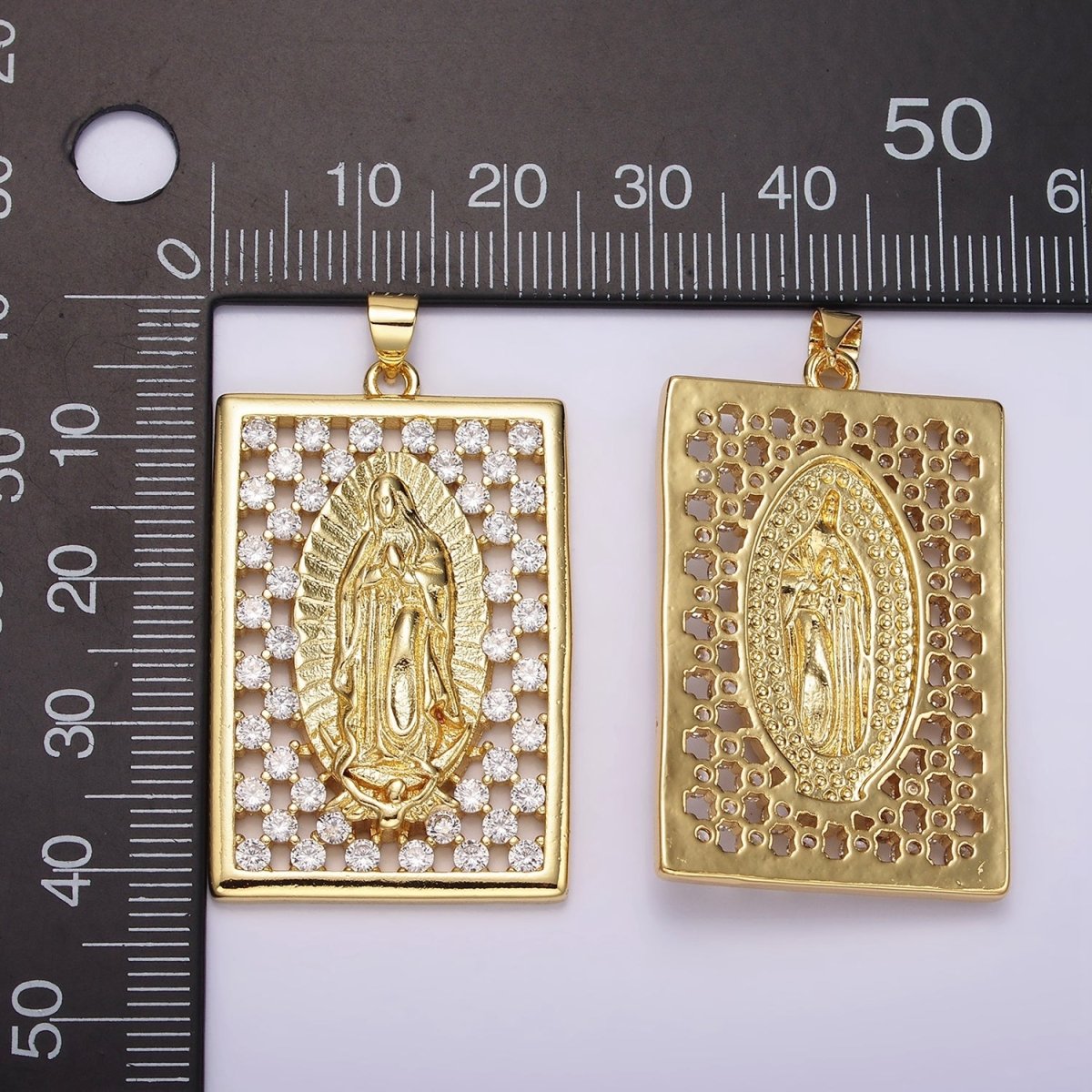 14K Gold Filled Mary Lady Guadalupe Religious Open Clear CZ Checkered Rectangular Tag Charm | N1944 - DLUXCA