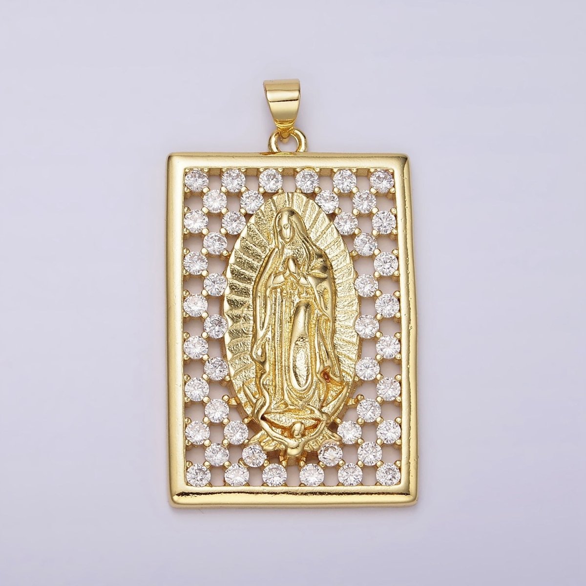 14K Gold Filled Mary Lady Guadalupe Religious Open Clear CZ Checkered Rectangular Tag Charm | N1944 - DLUXCA