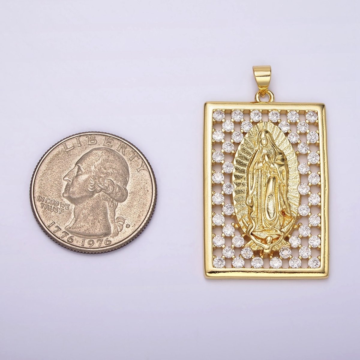 14K Gold Filled Mary Lady Guadalupe Religious Open Clear CZ Checkered Rectangular Tag Charm | N1944 - DLUXCA