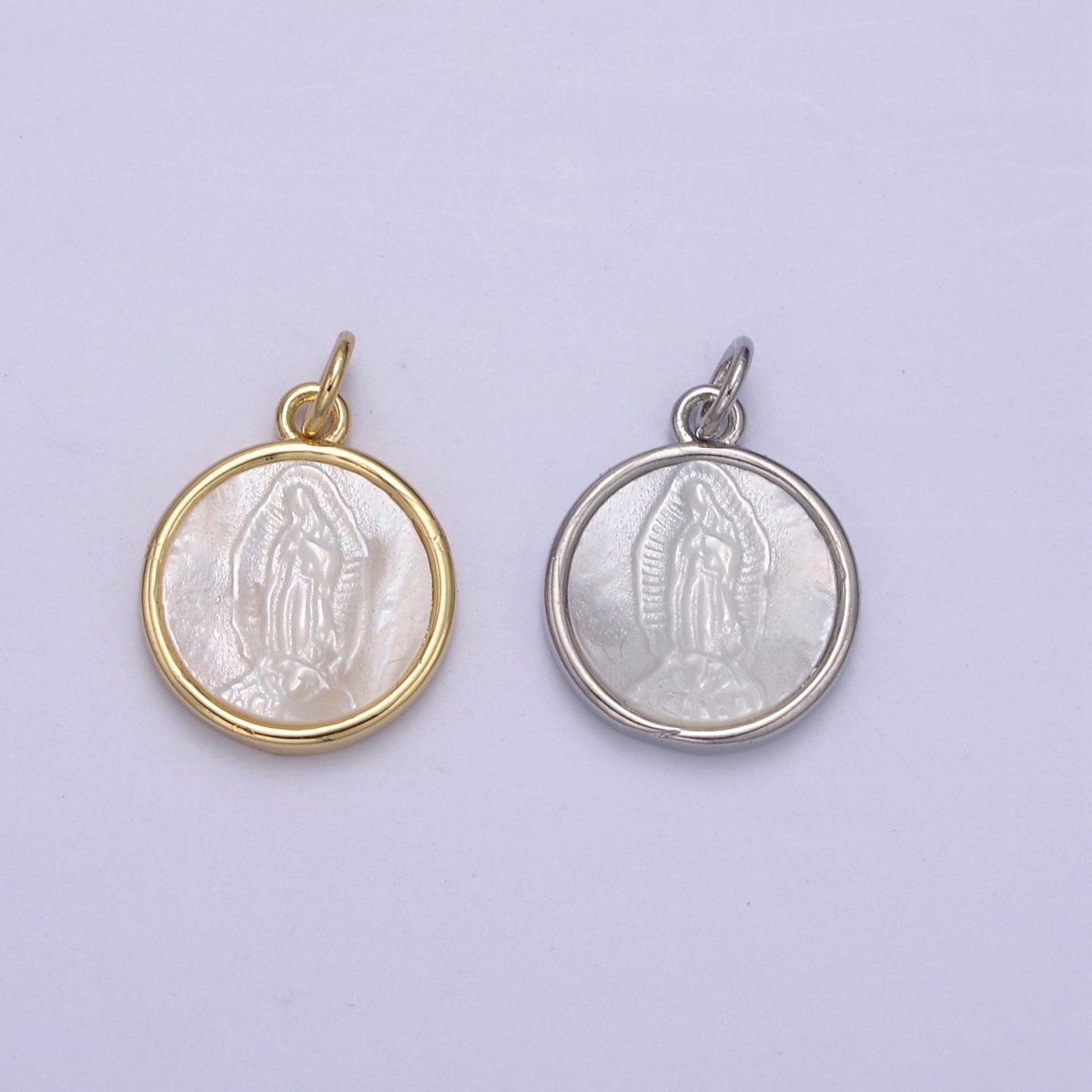 14K Gold Filled Mary Lady Guadalupe Shell Pearl Round Charm in Gold & Silver N-860 N-861 - DLUXCA