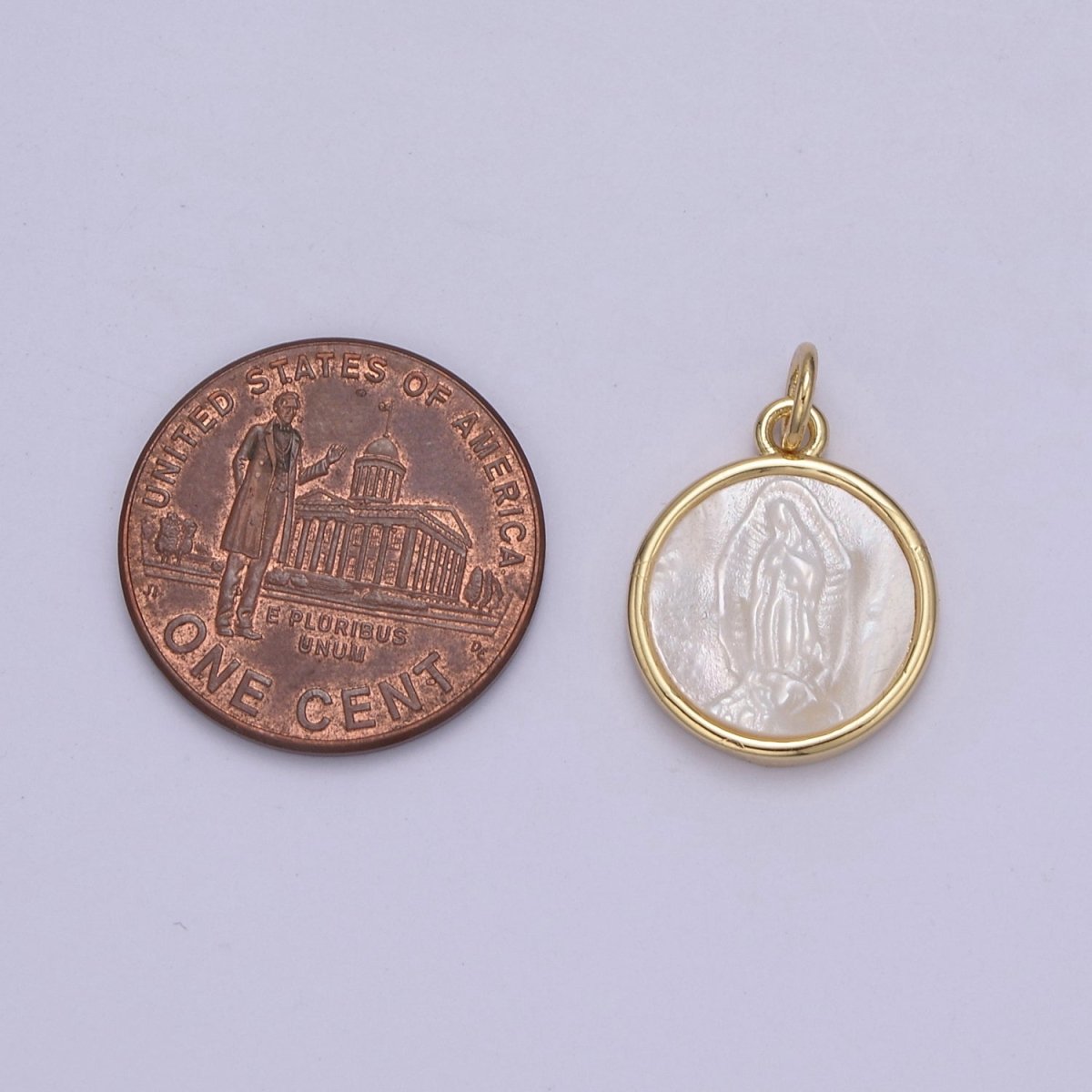 14K Gold Filled Mary Lady Guadalupe Shell Pearl Round Charm in Gold & Silver N-860 N-861 - DLUXCA