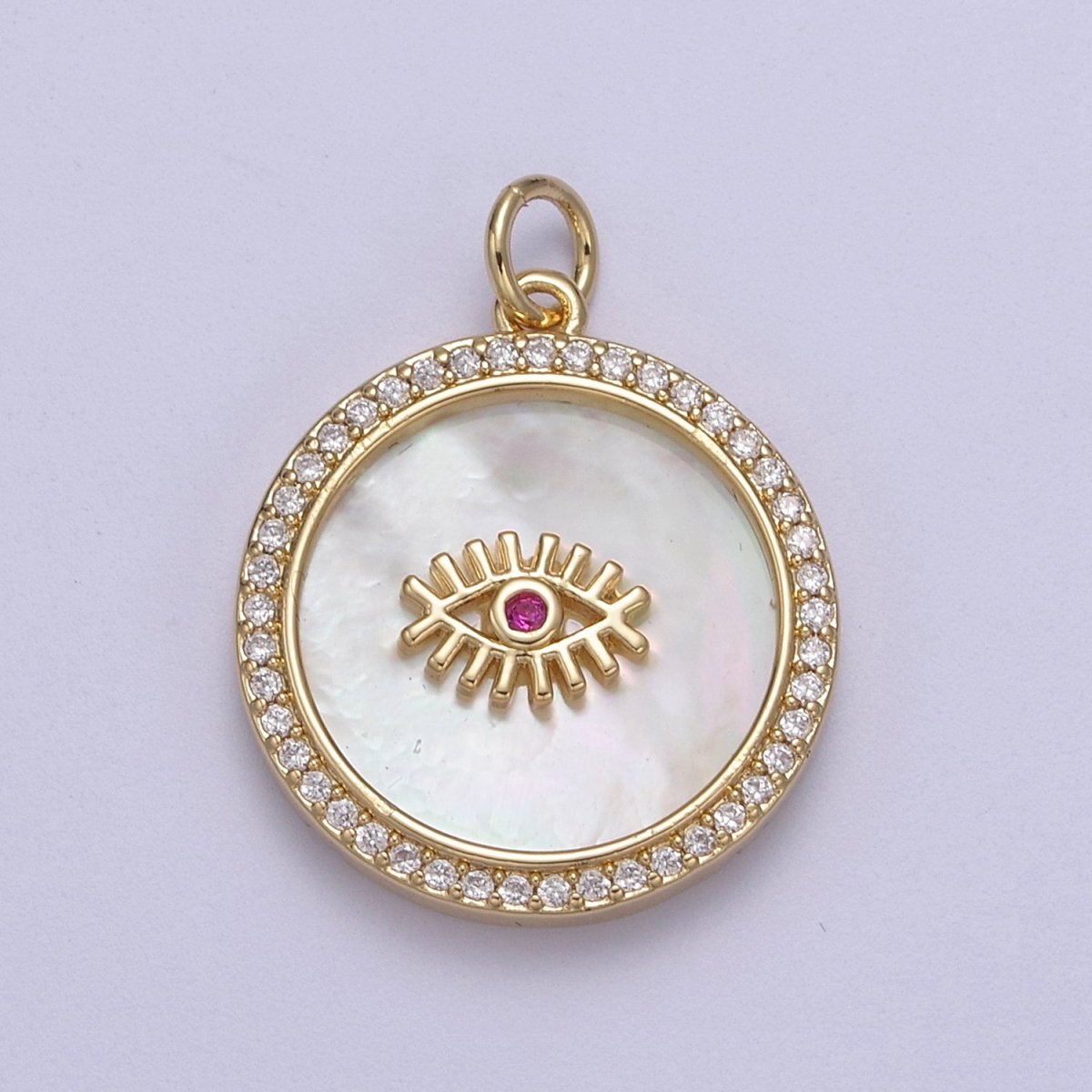 14K Gold Filled Medallion Charm Mother of Pearl, Micro Pave Evil eye Pendant For Minimalist Jewelry N-633 N-634 N-635 - DLUXCA