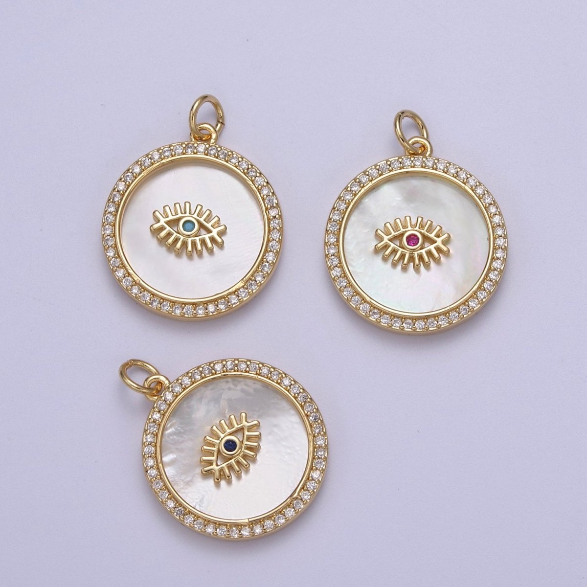 14K Gold Filled Medallion Charm Mother of Pearl, Micro Pave Evil eye Pendant For Minimalist Jewelry N-633 N-634 N-635 - DLUXCA