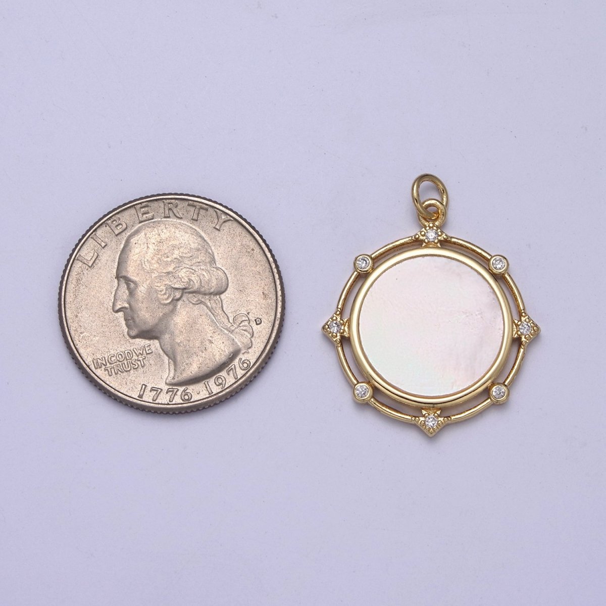 14K Gold Filled Micro CZ Pave Coin Charm with Shell Pearl Medallion Pendant for Necklace N-344 - DLUXCA