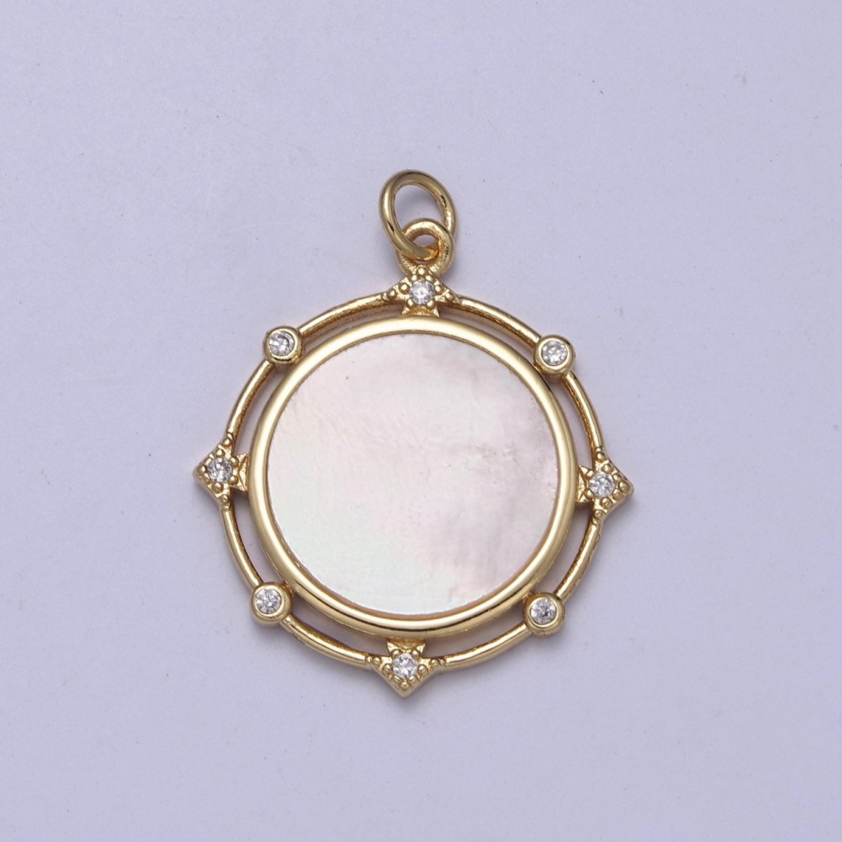 14K Gold Filled Micro CZ Pave Coin Charm with Shell Pearl Medallion Pendant for Necklace N-344 - DLUXCA