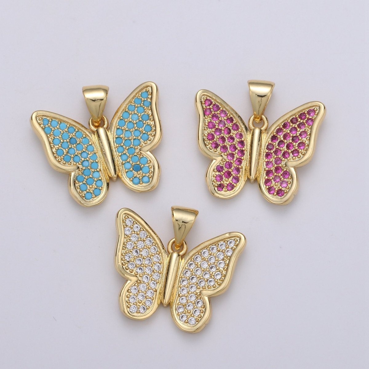 14k Gold Filled Micro Pave CZ Butterfly Pendant Charm, Micro Pave CZ Butterfly Pendant Charm, Gold Filled Pendant, Cluster CZ Pendant J-063~J-065 - DLUXCA