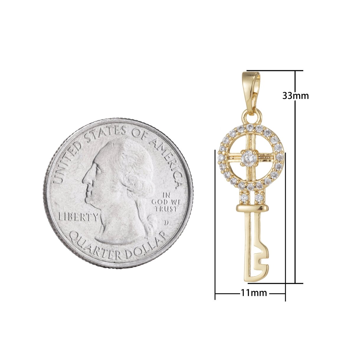 14k Gold Filled Micro Pave CZ Wheel Key Pendant Charm, Micro Pave CZ Key Pendant Charm, Gold Filled Key Pendant, For DIY Jewelry I-550 - DLUXCA