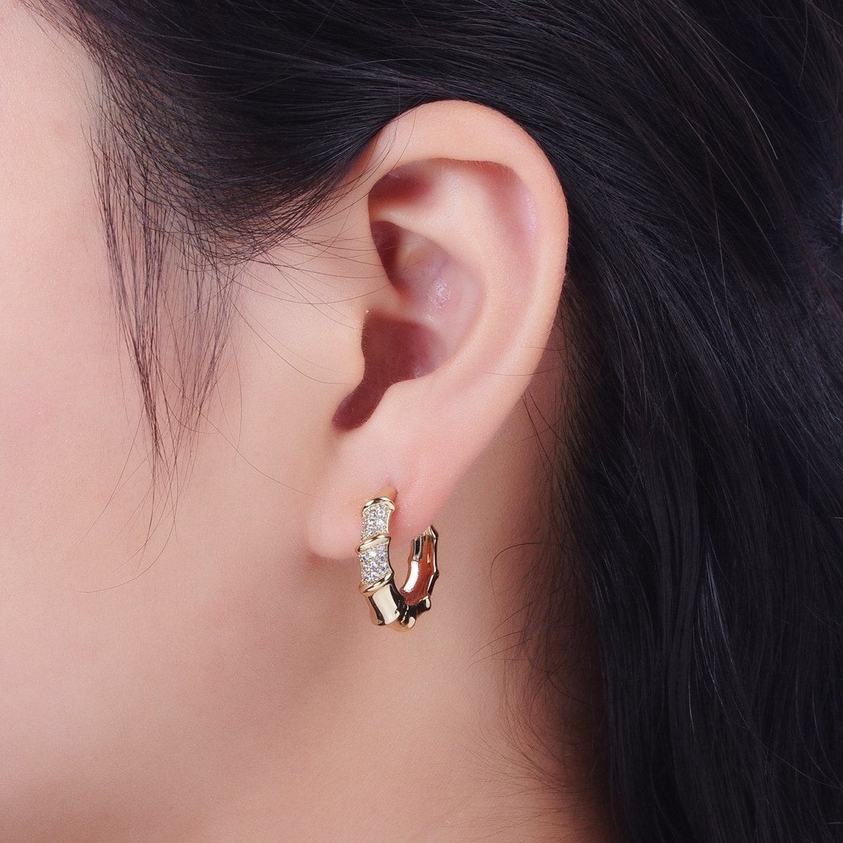 14K Gold Filled Micro Paved Bamboo Huggie Hoop Earrings | V-019 - DLUXCA