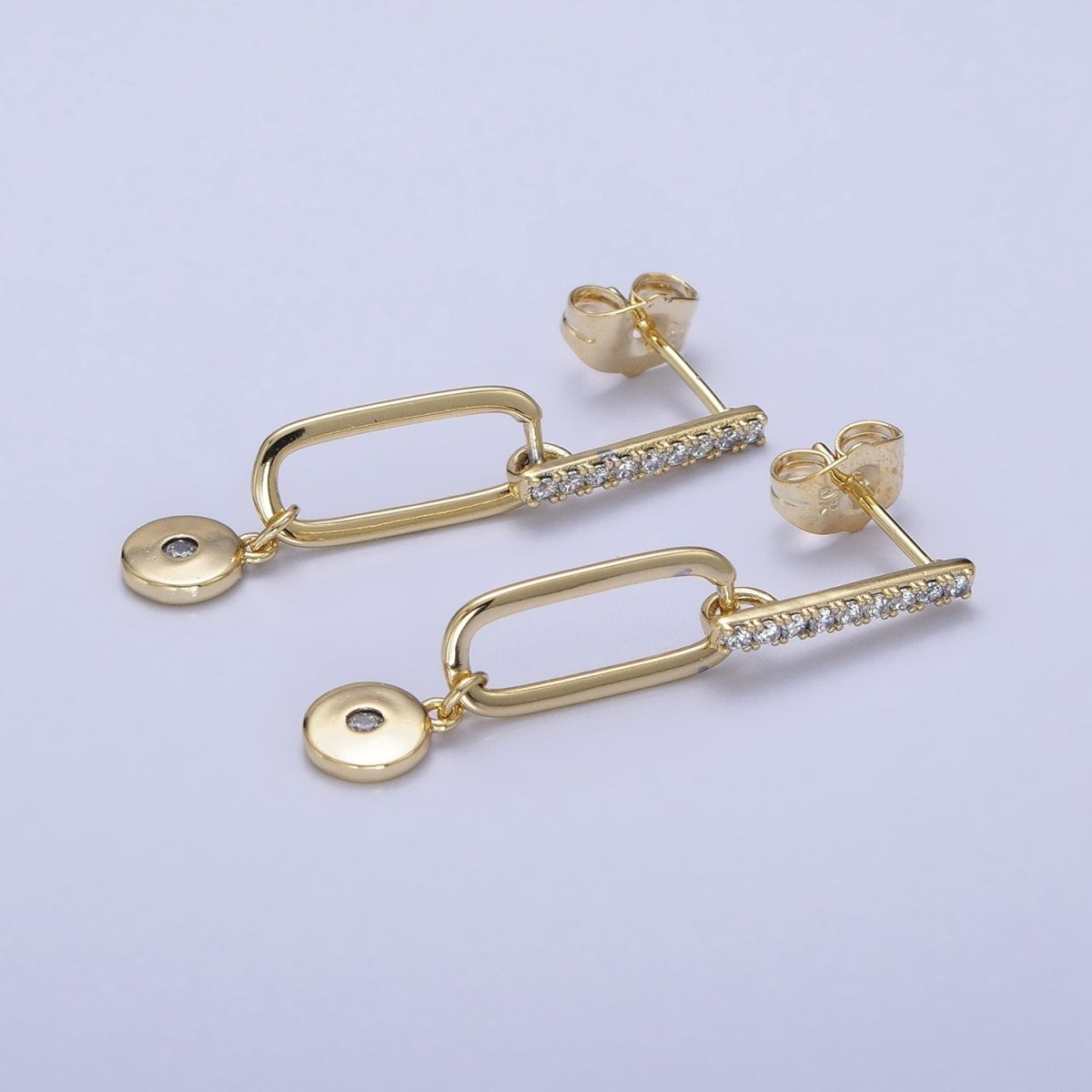 14K Gold Filled Micro Paved CZ Bar Oblong Round Drop Geometric Stud Earrings AD1529 - DLUXCA