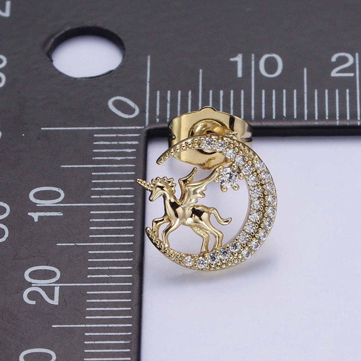 14K Gold Filled Micro Paved CZ Celestial Crescent Moon Pegasus Stud Earrings | AB327 - DLUXCA