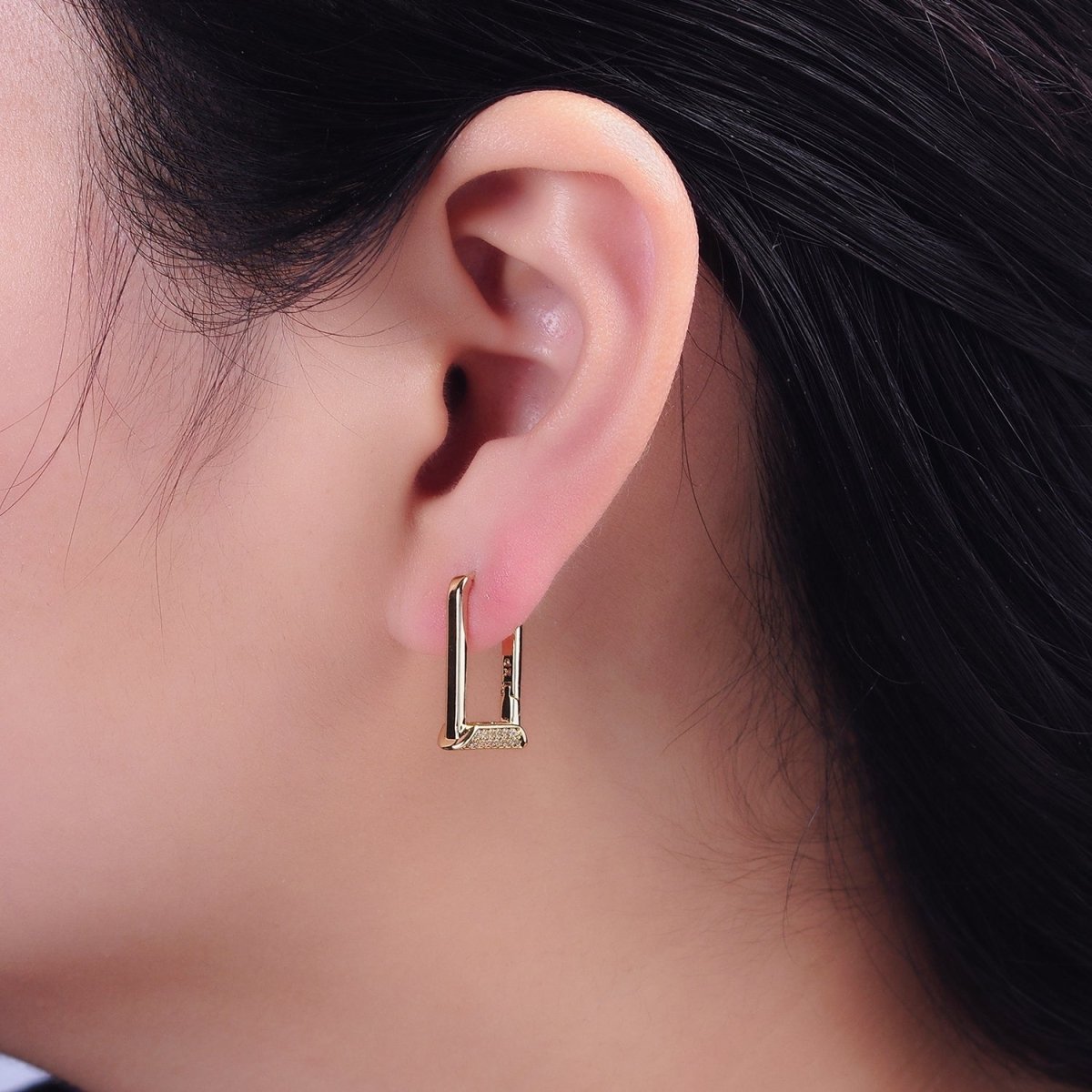 14K Gold Filled Micro Paved CZ Curved Tube Rectangular U-Shaped Oblong Hoop Earrings | AE589 - DLUXCA