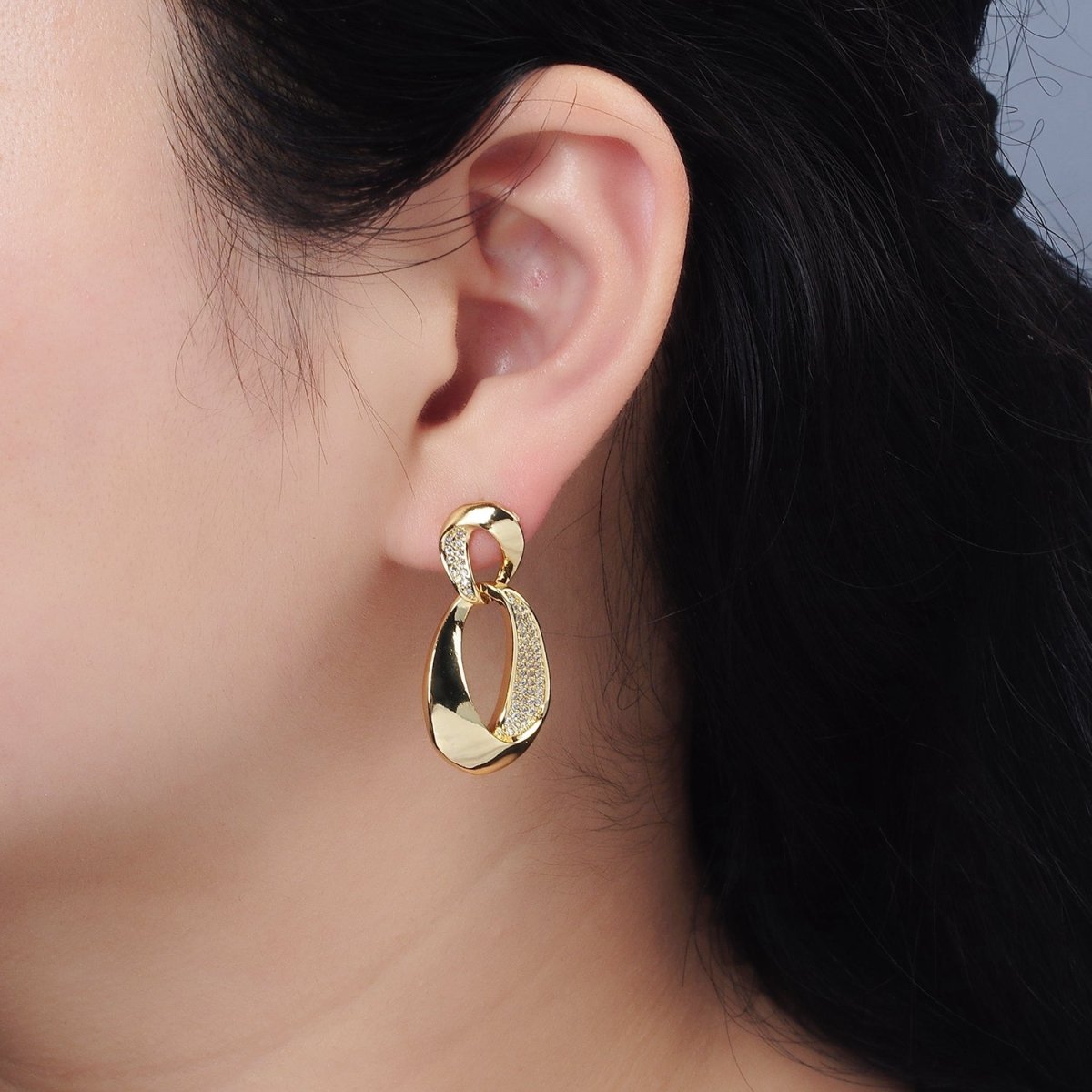 14K Gold Filled Micro Paved CZ Double Curved Band Drop Stud Earrings in Gold & Silver | AE416 AE417 - DLUXCA