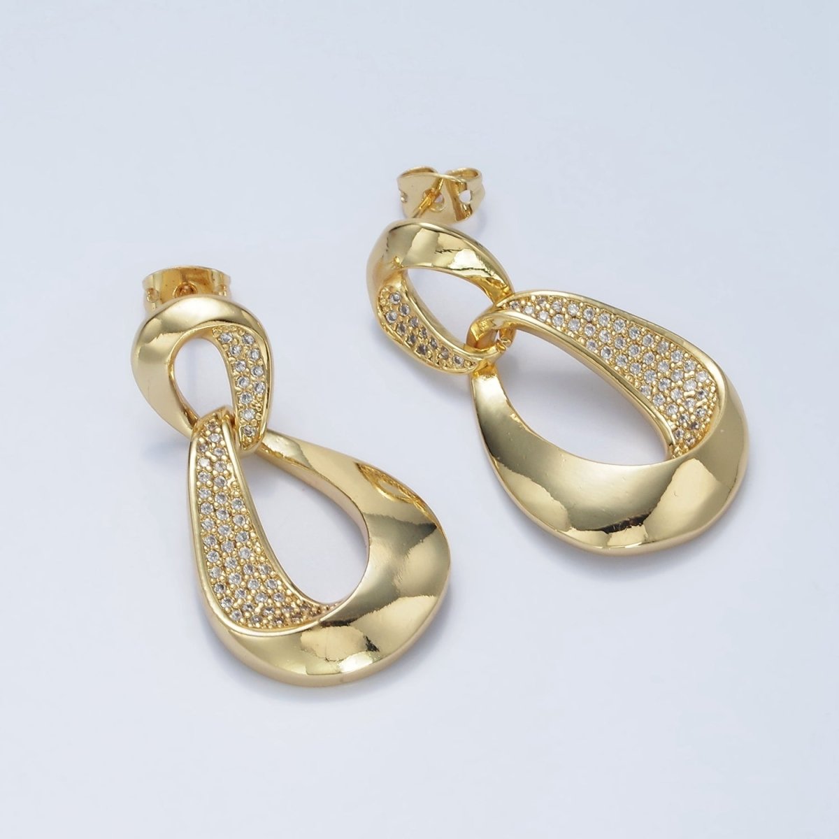 14K Gold Filled Micro Paved CZ Double Curved Band Drop Stud Earrings in Gold & Silver | AE416 AE417 - DLUXCA