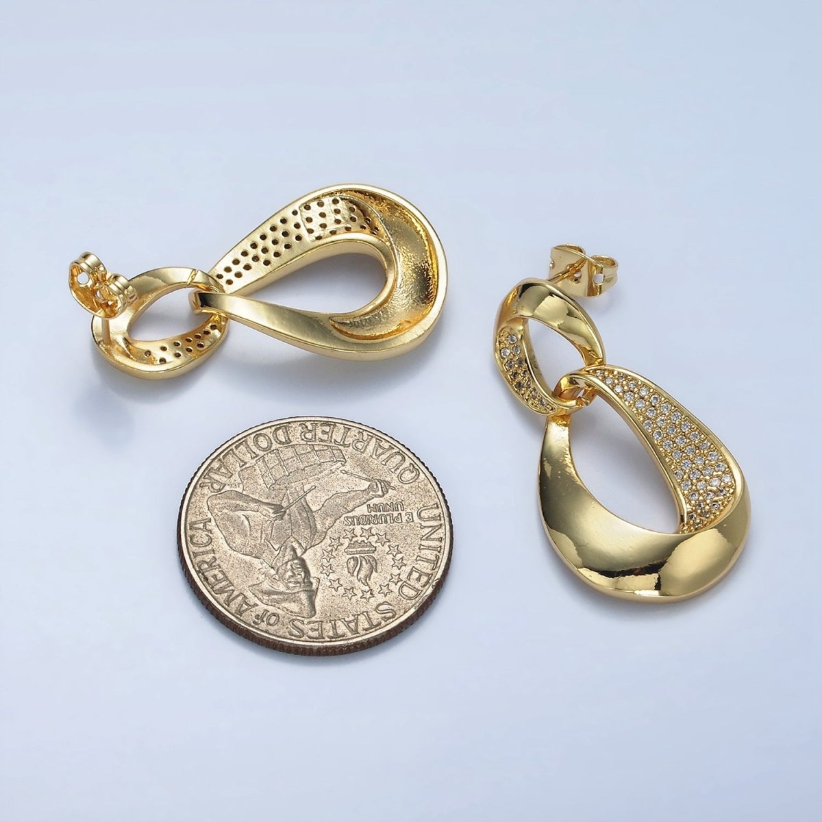 14K Gold Filled Micro Paved CZ Double Curved Band Drop Stud Earrings in Gold & Silver | AE416 AE417 - DLUXCA