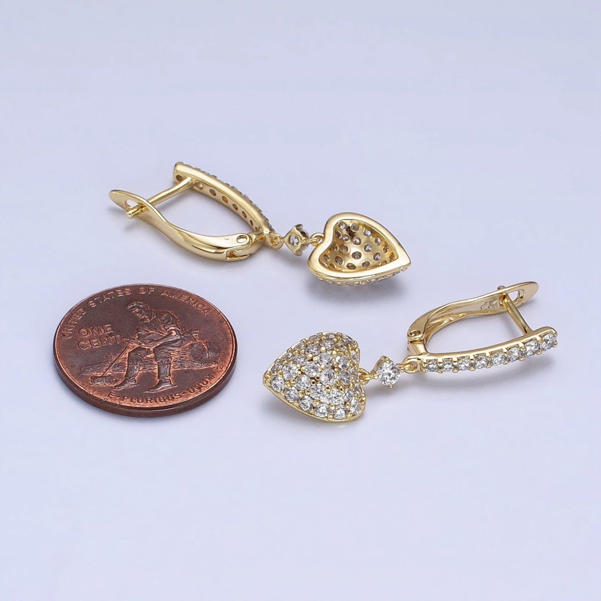 14K Gold Filled Micro Paved CZ Heart Drop English Lock Earrings | AD1440 - DLUXCA
