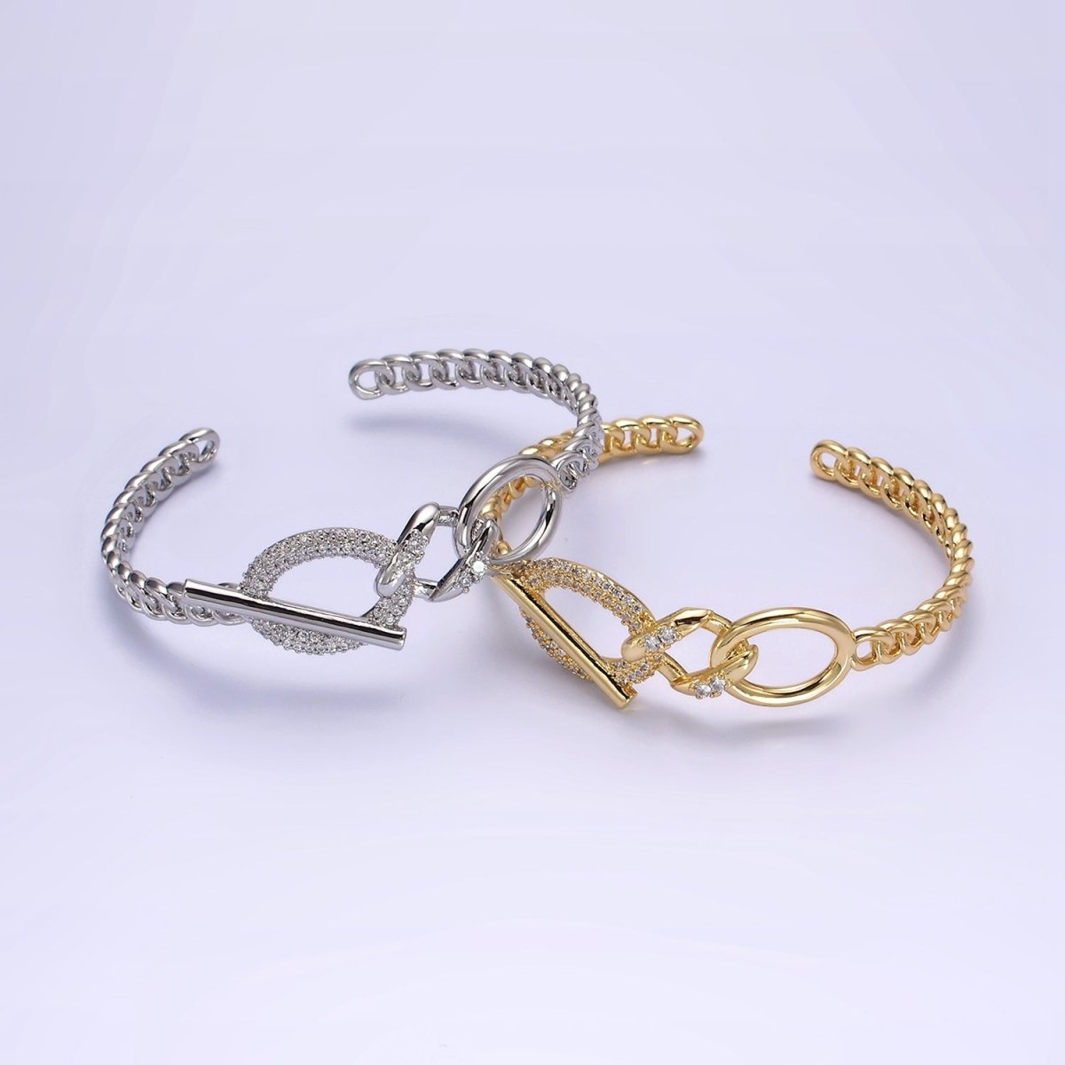 14K Gold Filled Micro Paved CZ Oval Bar Curb Cuff Bangle Bracelet in Gold & Silver | WA-1972 WA-1973 Clearance Pricing - DLUXCA