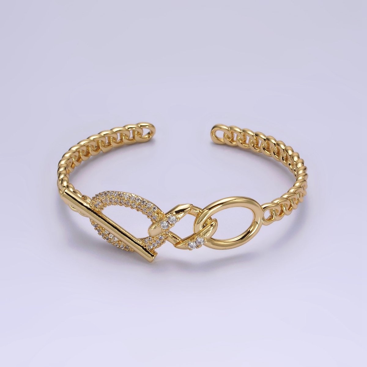 14K Gold Filled Micro Paved CZ Oval Bar Curb Cuff Bangle Bracelet in Gold & Silver | WA-1972 WA-1973 Clearance Pricing - DLUXCA