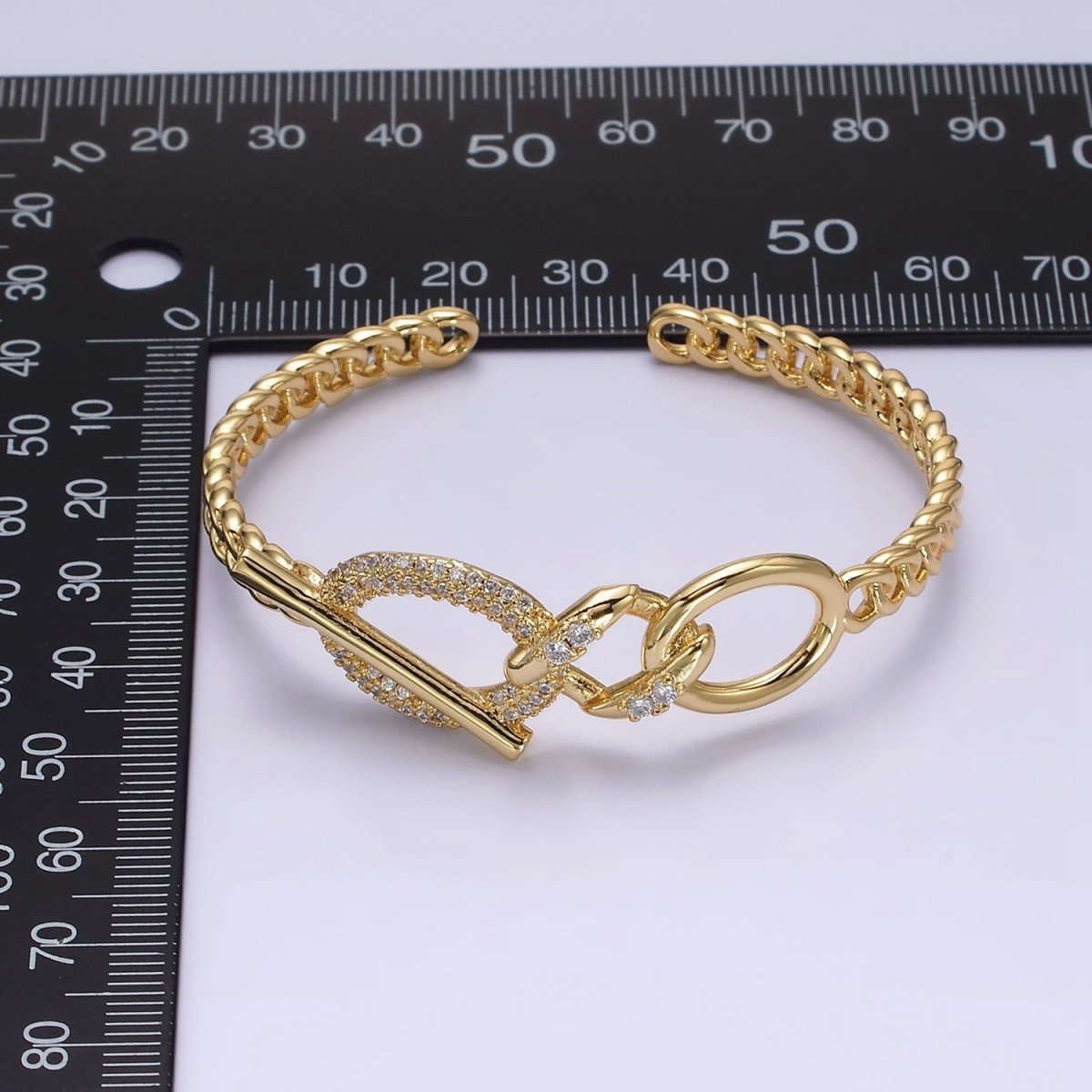 14K Gold Filled Micro Paved CZ Oval Bar Curb Cuff Bangle Bracelet in Gold & Silver | WA-1972 WA-1973 Clearance Pricing - DLUXCA