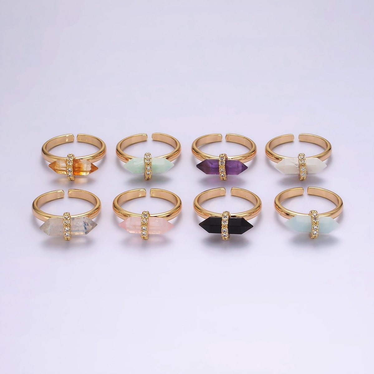 14K Gold Filled Micro Paved CZ Pointed Wand Citrine, Rose Quartz, Aquamarine, Amazonite, Howlite, Amethyst, Labradorite, Onyx Ring | O1035 - O1042 - DLUXCA