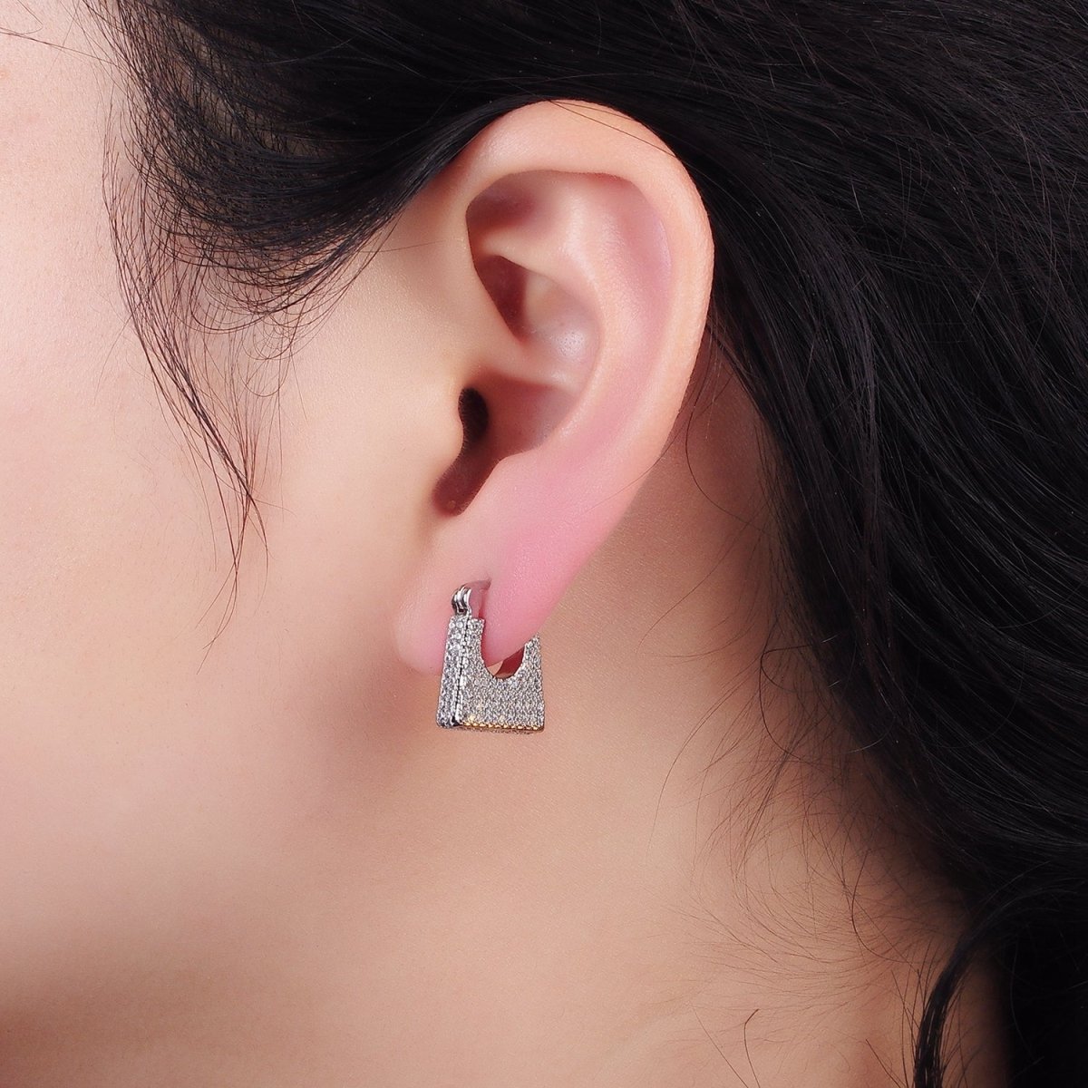 14K Gold Filled Micro Paved CZ Rectangular Latch Hoop Earrings in Gold & Silver | AB1140 AB1141 - DLUXCA