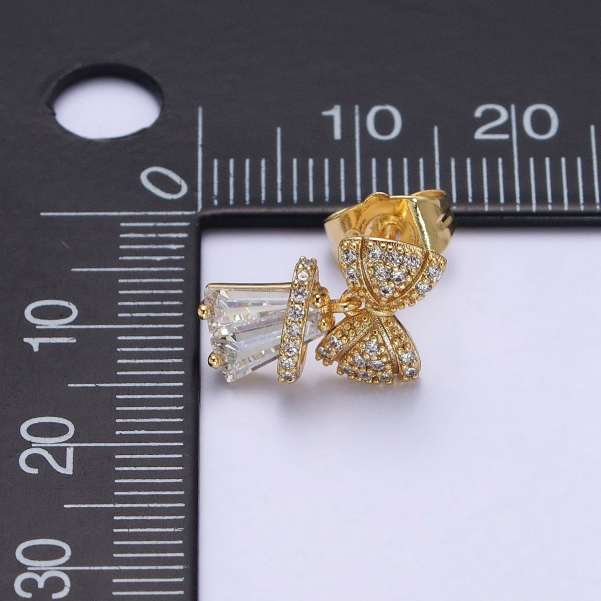 14K Gold Filled Micro Paved CZ Ribbon Bow Clear Baguette Dangle Stud Earrings | AB162 - DLUXCA
