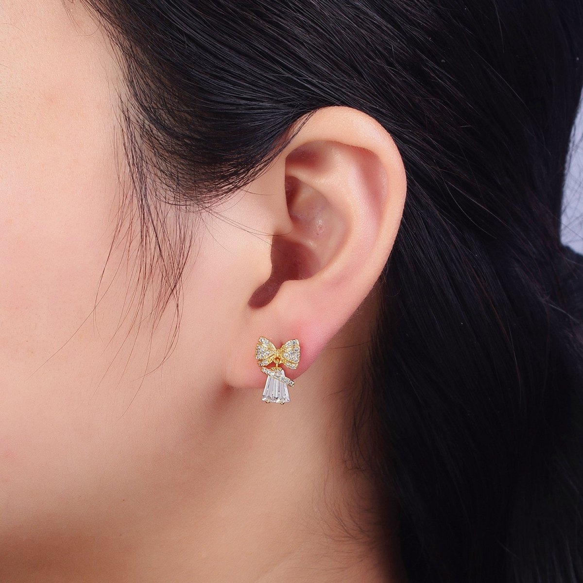 14K Gold Filled Micro Paved CZ Ribbon Bow Clear Baguette Dangle Stud Earrings | AB162 - DLUXCA