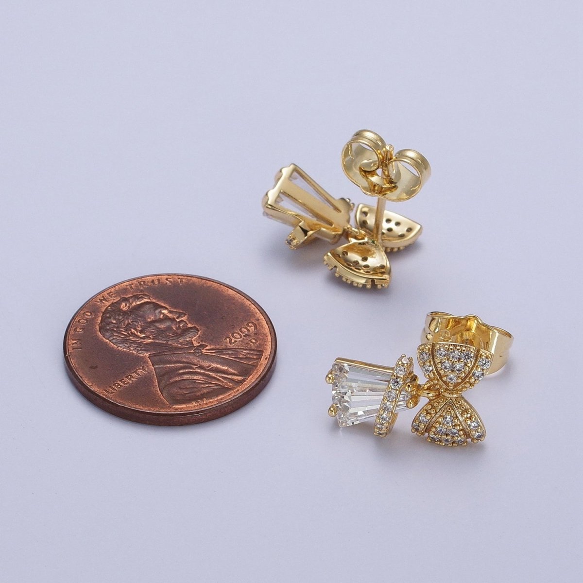 14K Gold Filled Micro Paved CZ Ribbon Bow Clear Baguette Dangle Stud Earrings | AB162 - DLUXCA