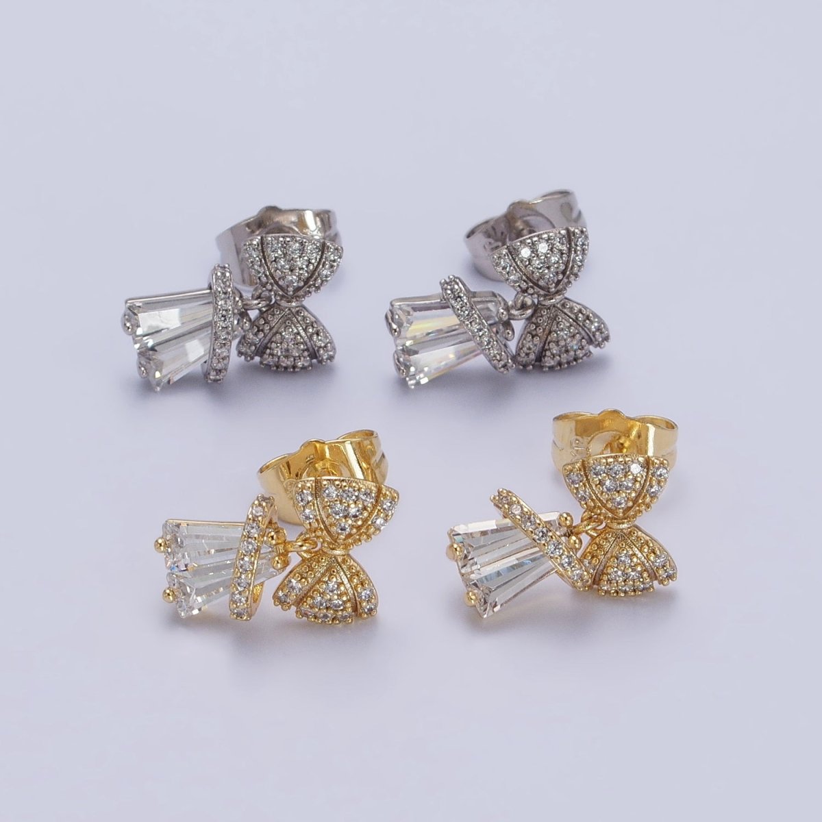 14K Gold Filled Micro Paved CZ Ribbon Bow Clear Baguette Dangle Stud Earrings | AB162 - DLUXCA