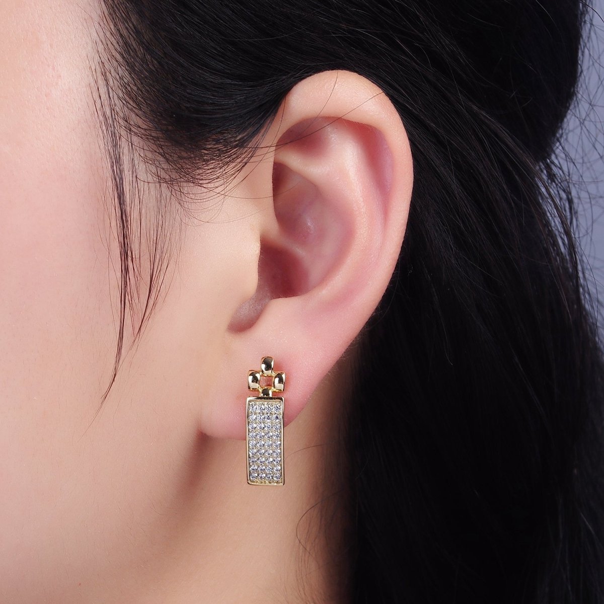 14K Gold Filled Micro Paved CZ Tag Panther Link English Lock Hoop Earrings | AE408 - DLUXCA