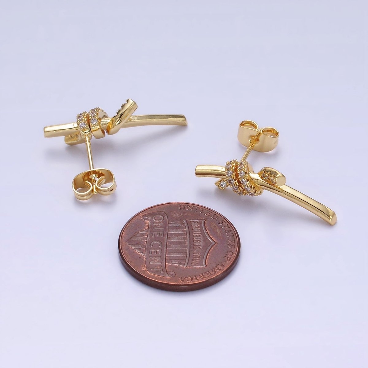 14K Gold Filled Micro Paved CZ Tied Bar Stud Earrings | AB1400 - DLUXCA