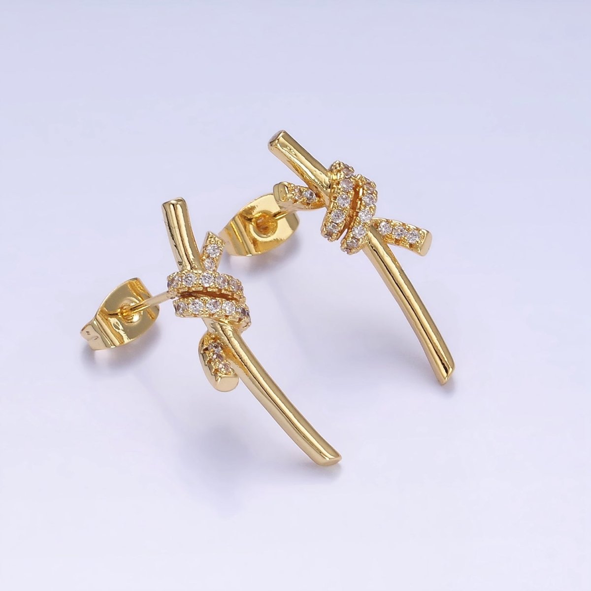 14K Gold Filled Micro Paved CZ Tied Bar Stud Earrings | AB1400 - DLUXCA