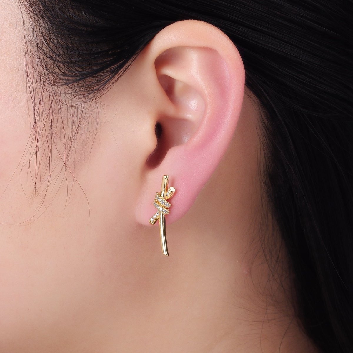 14K Gold Filled Micro Paved CZ Tied Bar Stud Earrings | AB1400 - DLUXCA