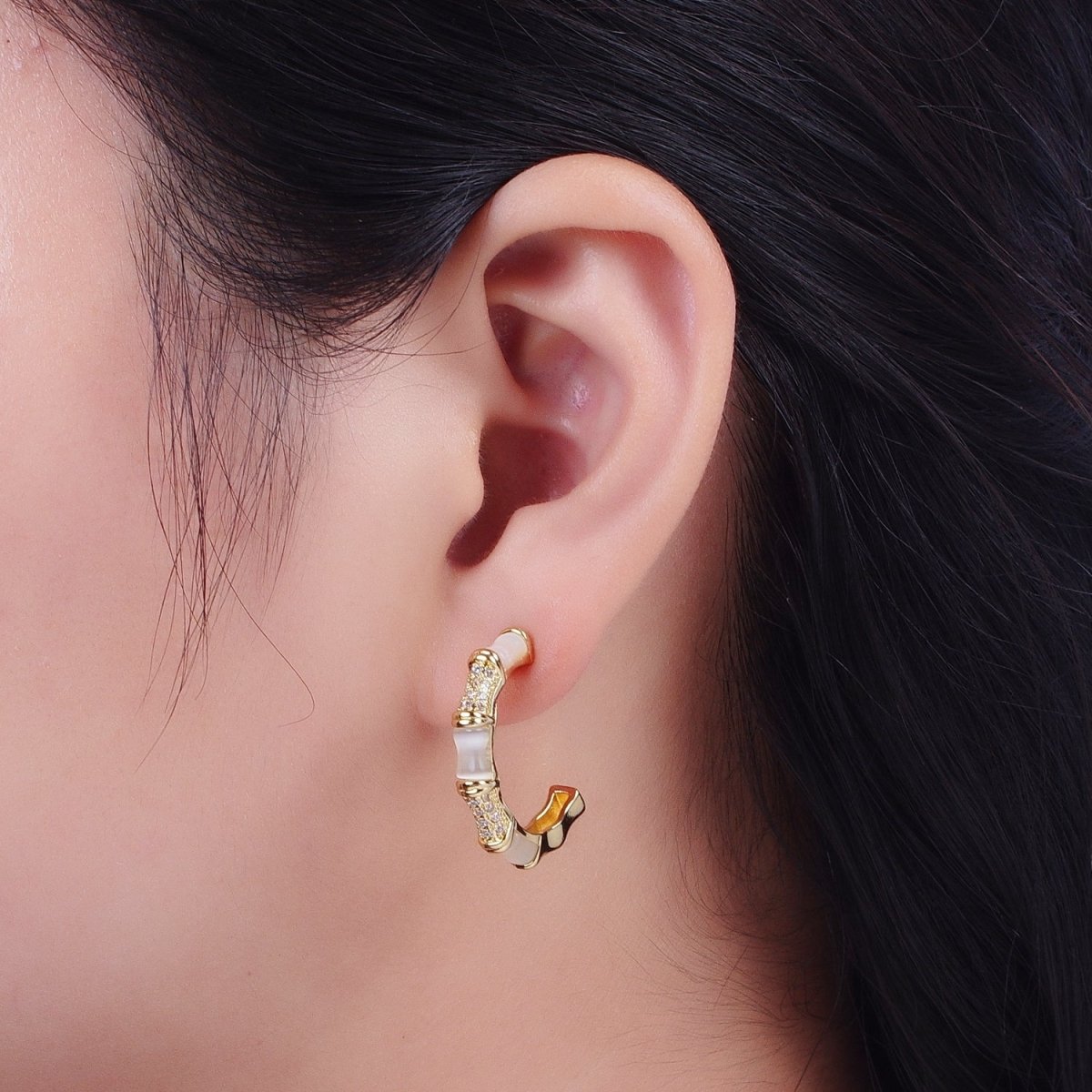 14K Gold Filled Micro Paved CZ White Cats Eye Bamboo C Shaped Stud Earrings | Y-084 - DLUXCA