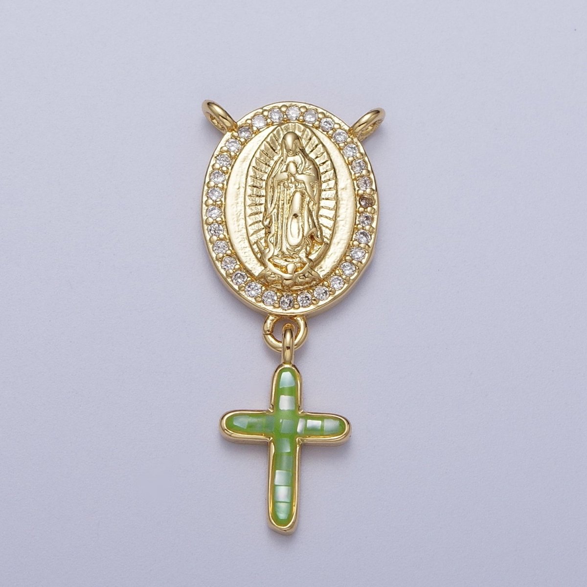 14K Gold Filled Micro Paved Lady Guadalupe Religious Cross Opal Drop Rosary Connector | Y-630~Y-634 - DLUXCA