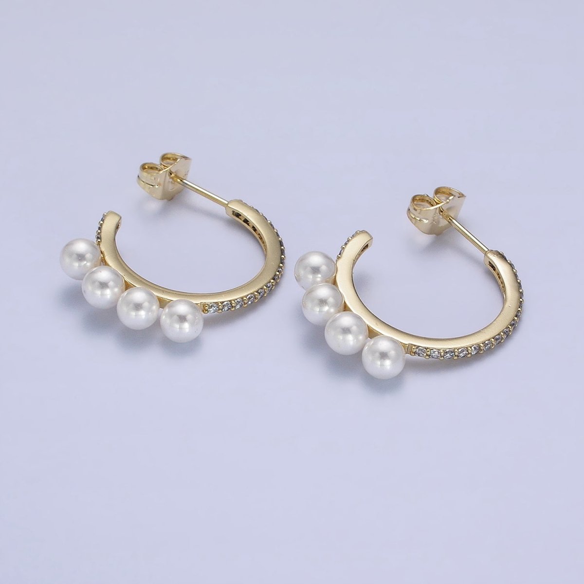 14K Gold Filled Micro Paved Multiple Pearl Lined C-Shaped Hoop Earrings | AD1464 - DLUXCA