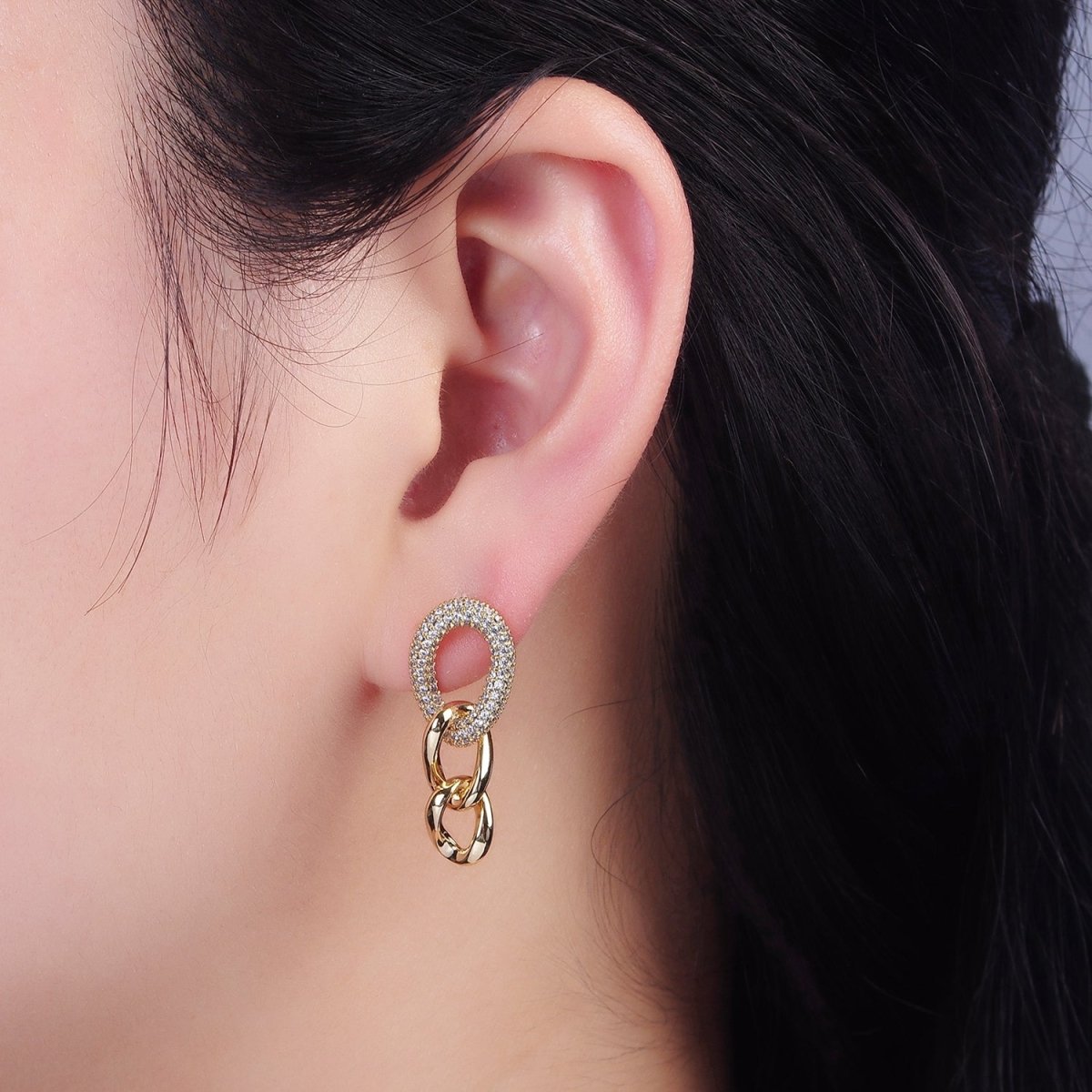 14K Gold Filled Micro Paved Oval Curb Link Drop Stud Earrings | AB1125 - DLUXCA